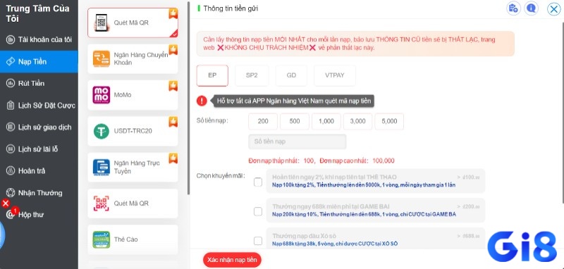 Gi8 cung cấp dịch vụ nạp và rút tiền cực kỳ đa dạng và minh bạch