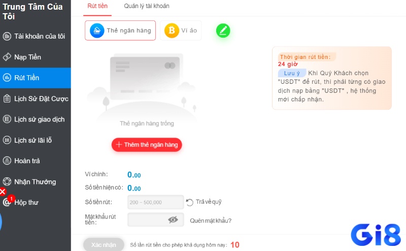 Giao diện rút tiền thưởng tại Gi8